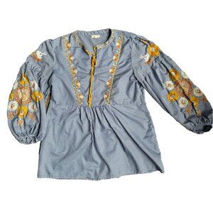 Jennifer Grace Peasant Top WomensM Floral Embroidered Gingham Hippie Cottagecore